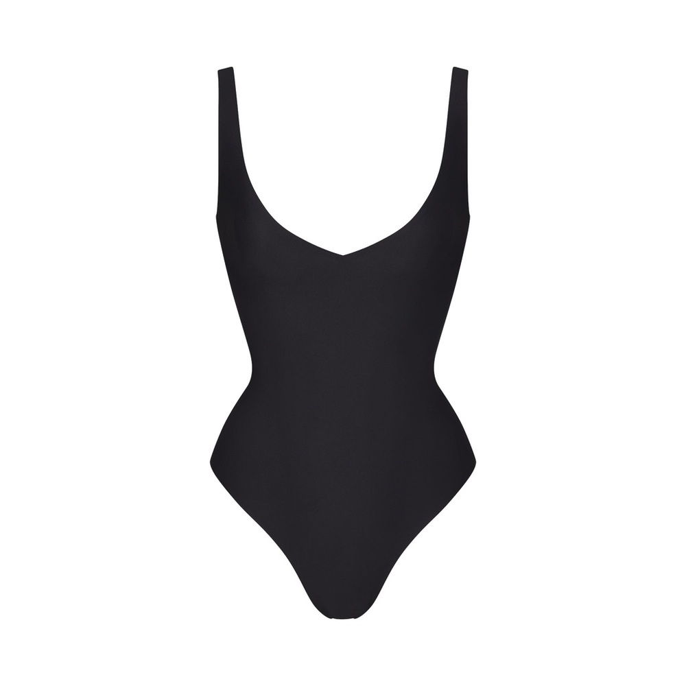 SKIMS BODY UNLINED PLUNGE THONG BODYSUIT- ONYX BLACK - M